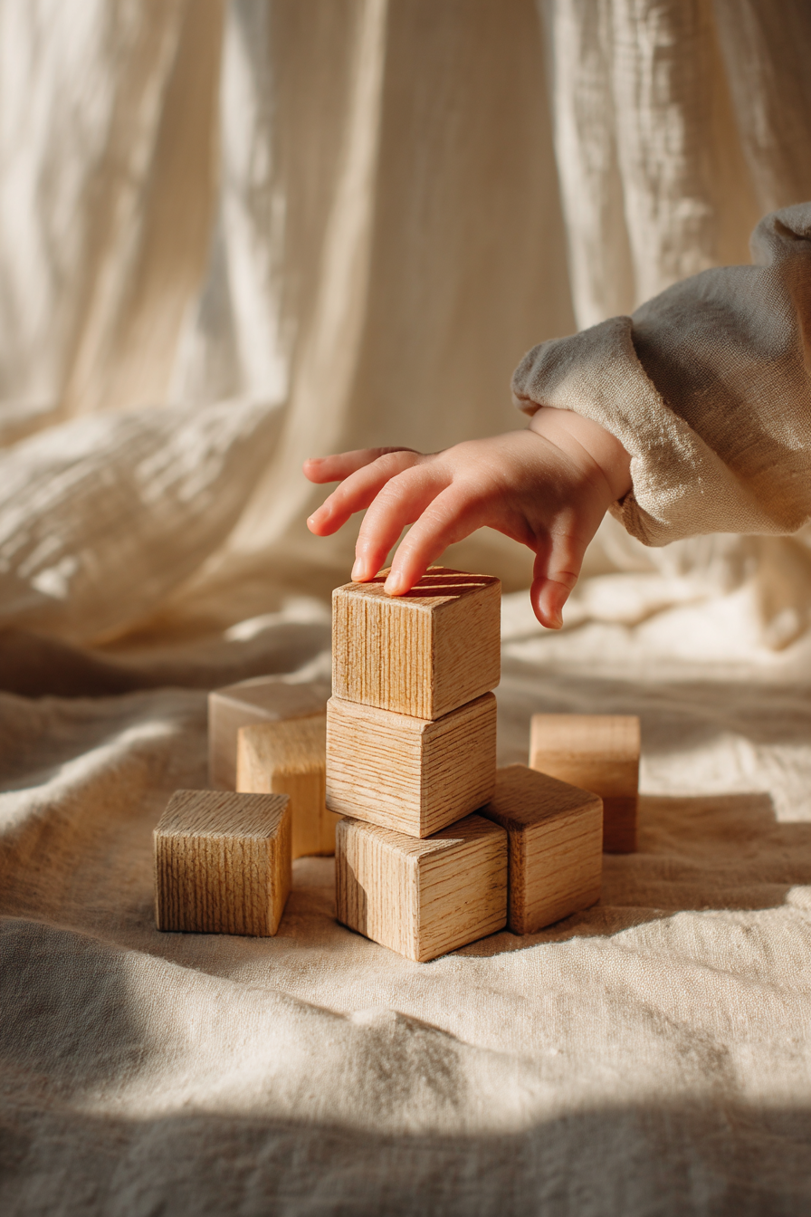 Toddler hands reaching toward a wooden block in warm afternoon light
