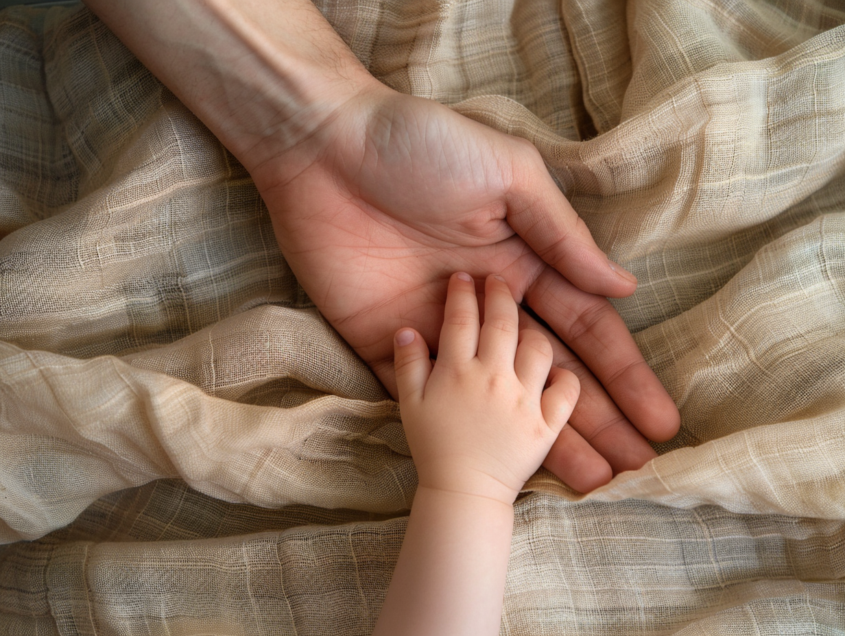 Adult hand and child hand resting side by side on linen cloth