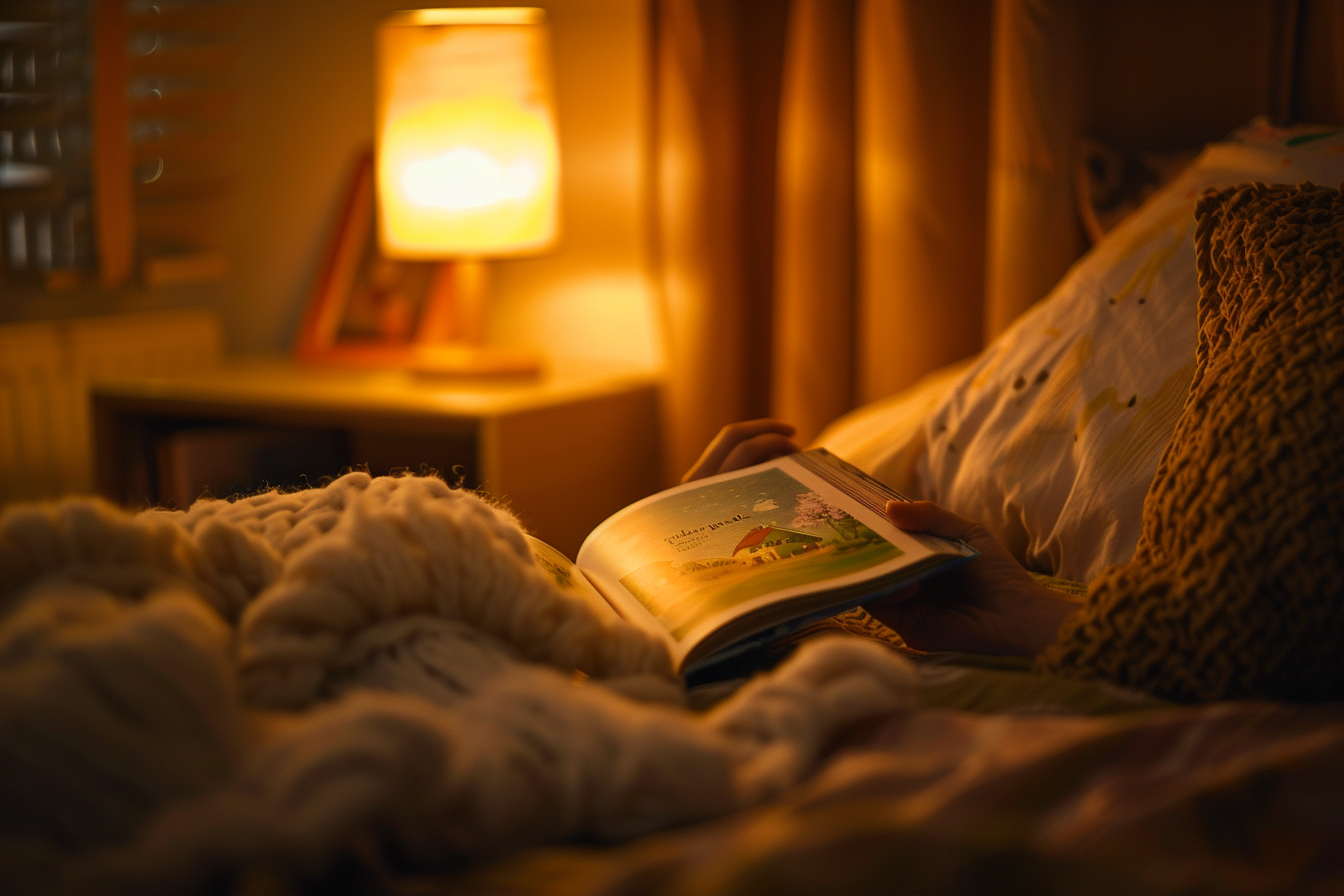 Parent hand turning the page of a bedtime picture book in warm lamplight