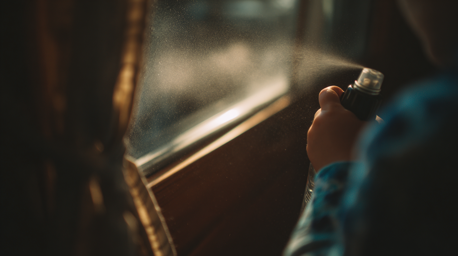 A hand partially in frame pressing a spray bottle, blurred cloth at the edge, soft window light