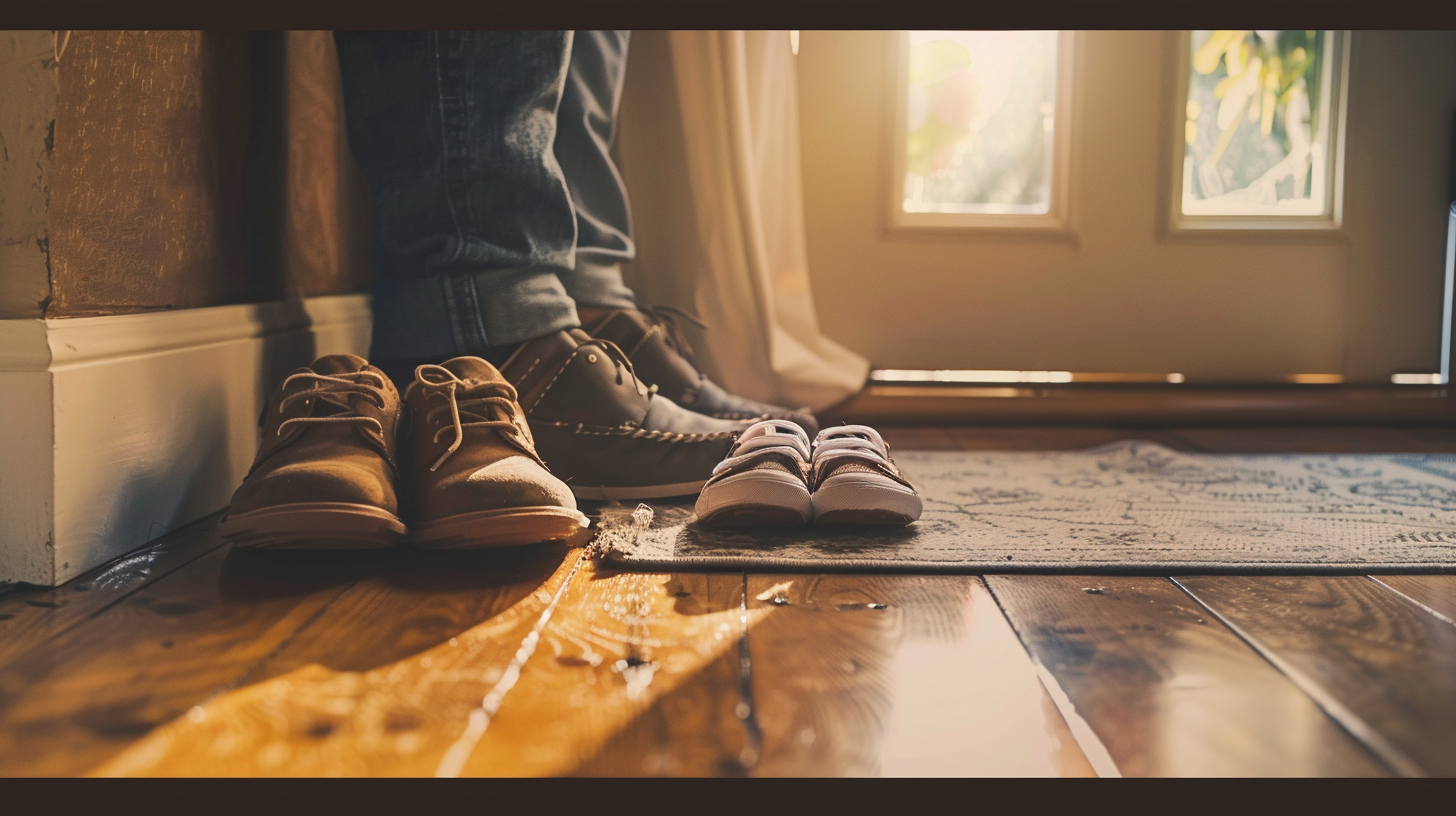 Small child shoes beside adult shoes near a front door