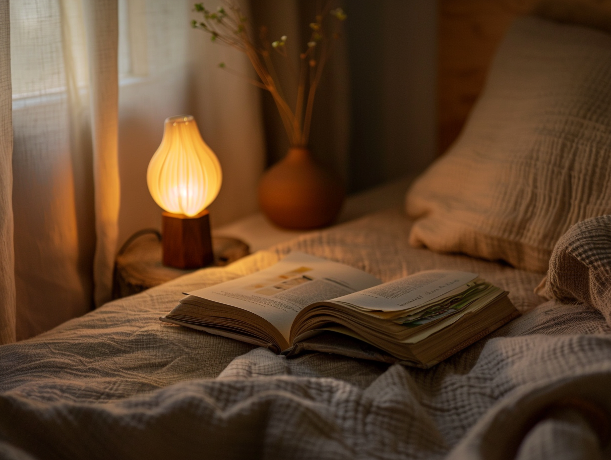 Open bedtime book and warm bedside lamp in a quiet evening room