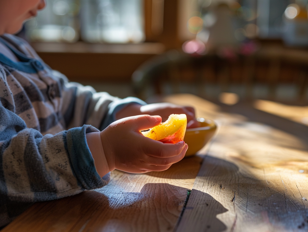 Toddler hands holding a small piece of fruit at the kitchen table