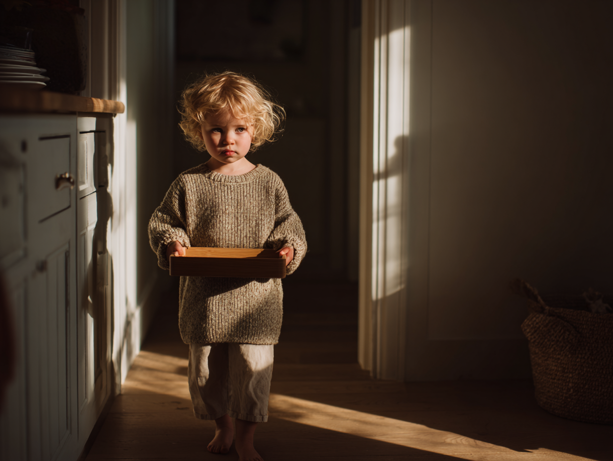 Toddler carrying a wooden tray
