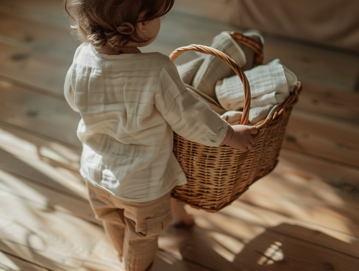Toddler carrying a small basket of folded washcloths in warm morning light