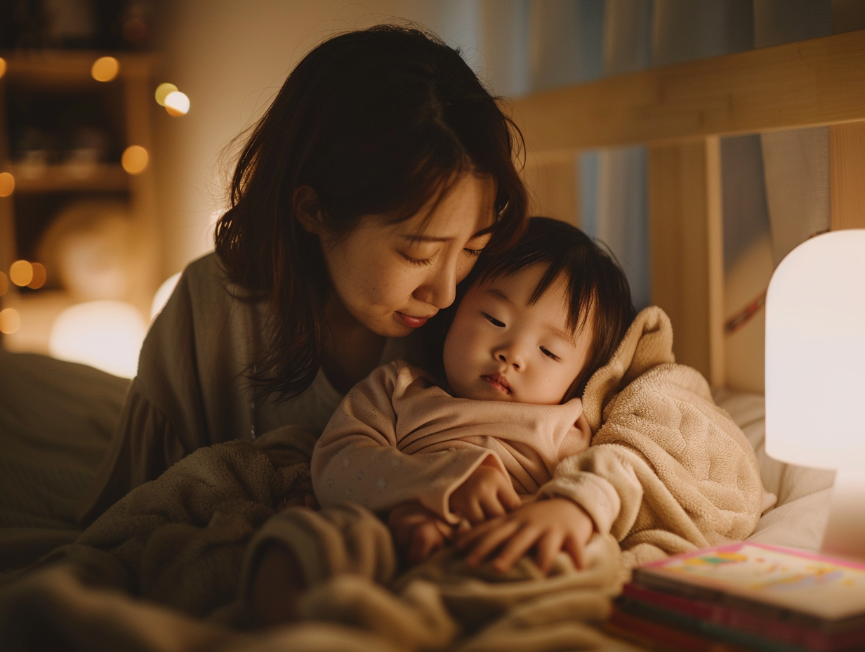 Mother sitting beside toddler bed during a quiet bedtime conversation