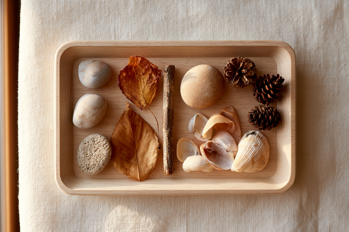A Montessori treasure tray displaying pebbles, leaves, shells, sticks, and pinecones collected by a toddler.