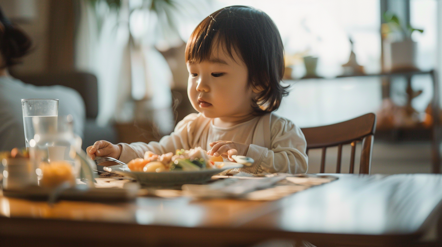 Toddler exploring food at a calm family mealtime