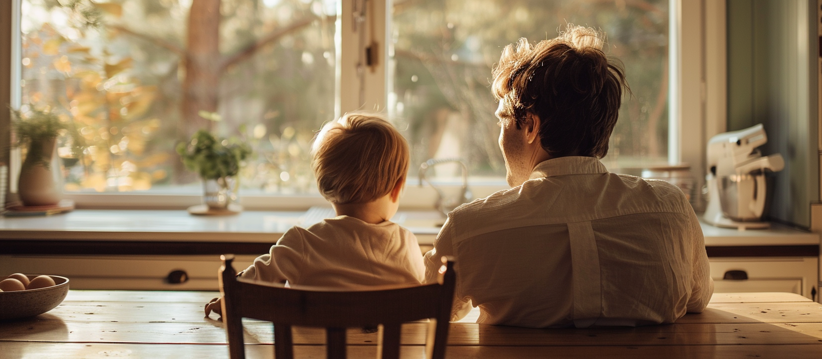 Adult and toddler sitting together at a table looking out the window in warm morning light