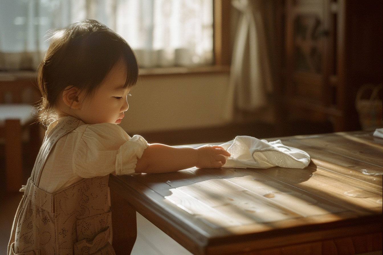 Toddler wiping a low wooden table with a small cloth