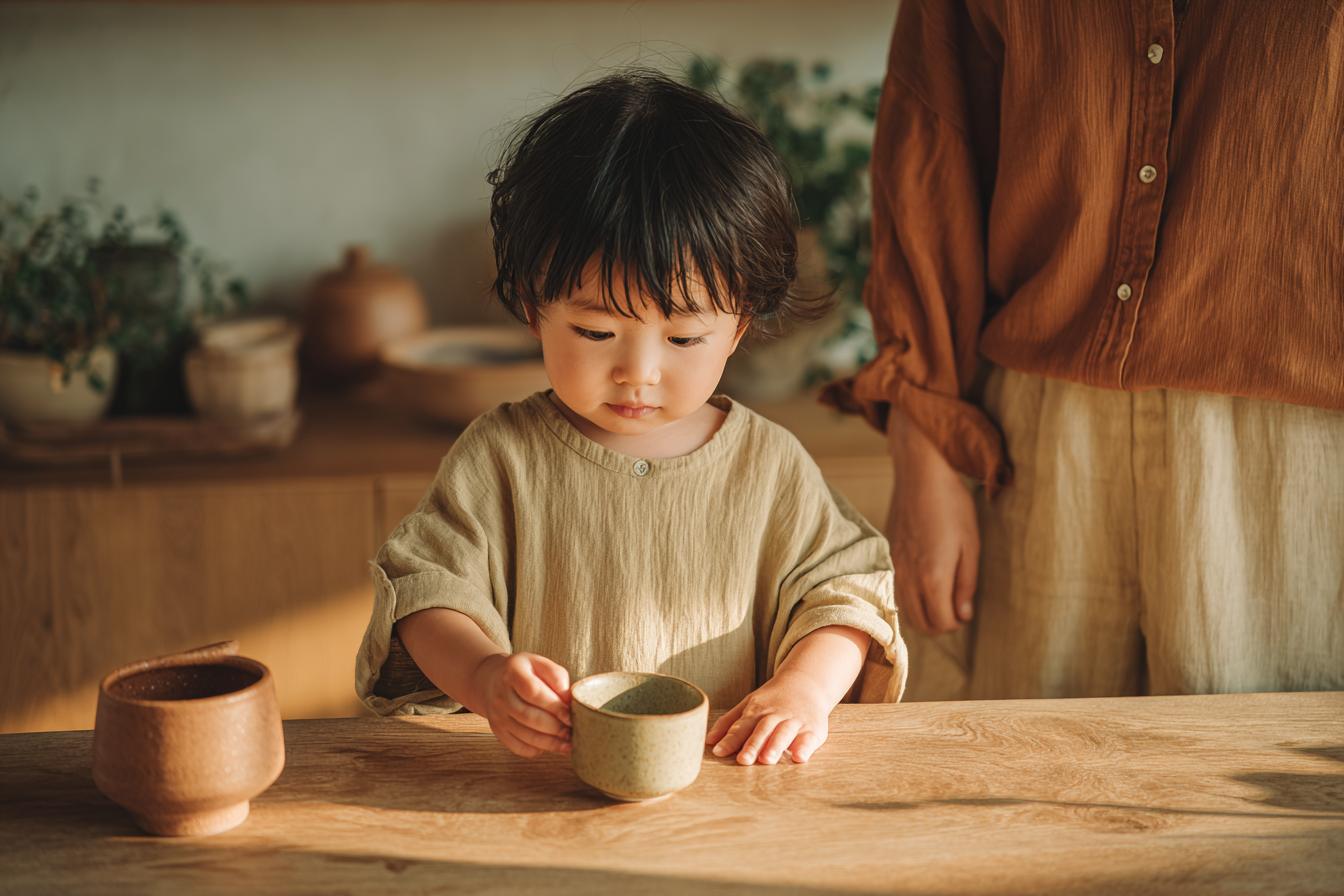 Toddler watching an adult pour water during a simple practical life activity at home.