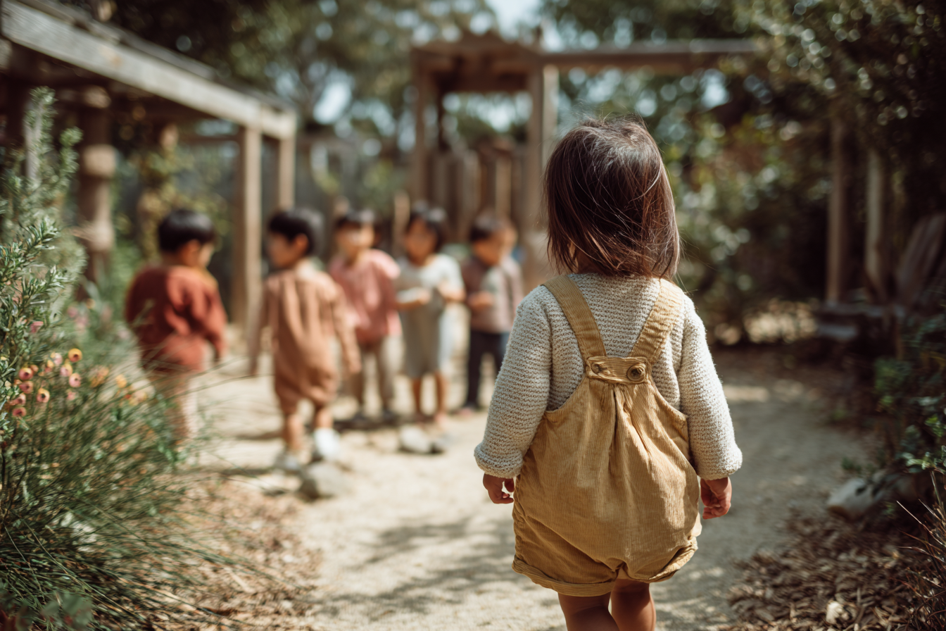 Toddler walking calmly toward a group of children after observing them from a distance.