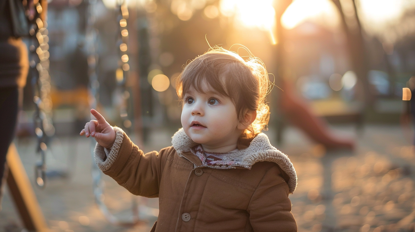 Asian toddler standing on a village garden path, pointing at something outside while turning slightly toward a parent nearby.