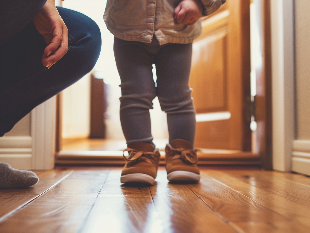 Toddler trying to fasten a shoe while a parent stays nearby calmly