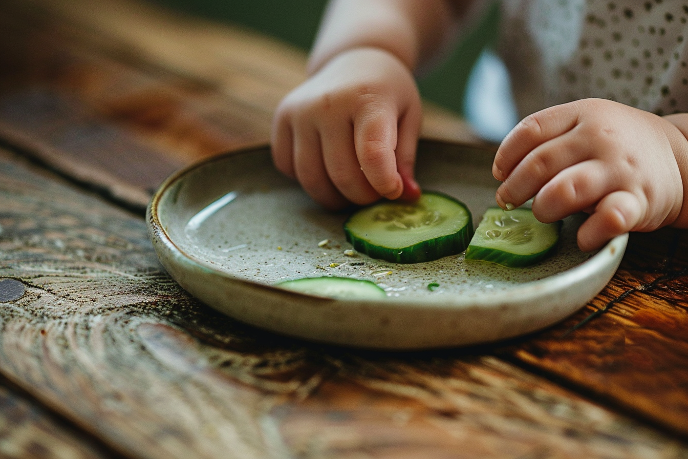 Toddler hands exploring food textures on a plate