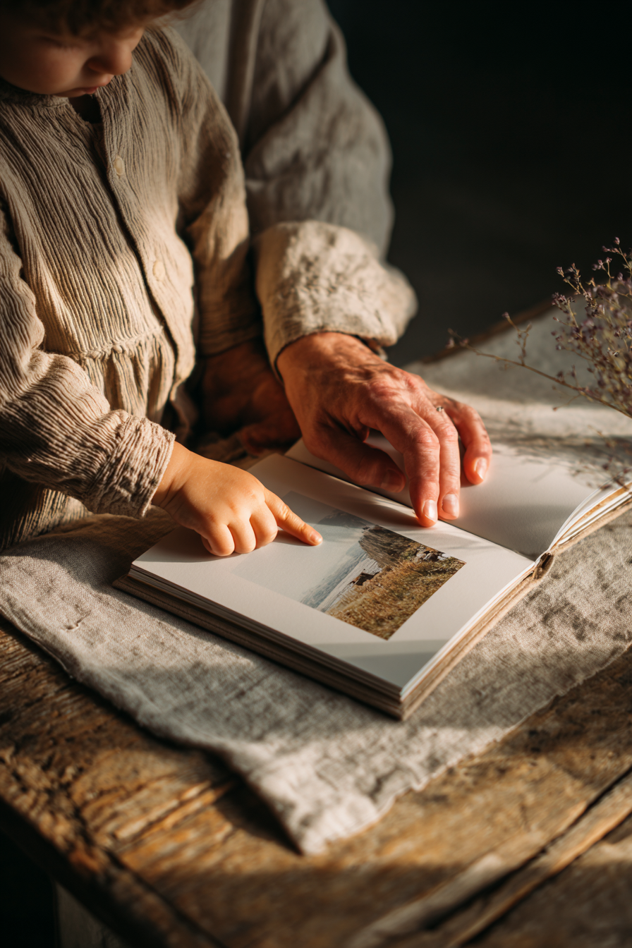 A parent and child reading a picture book together on a sofa in soft afternoon light