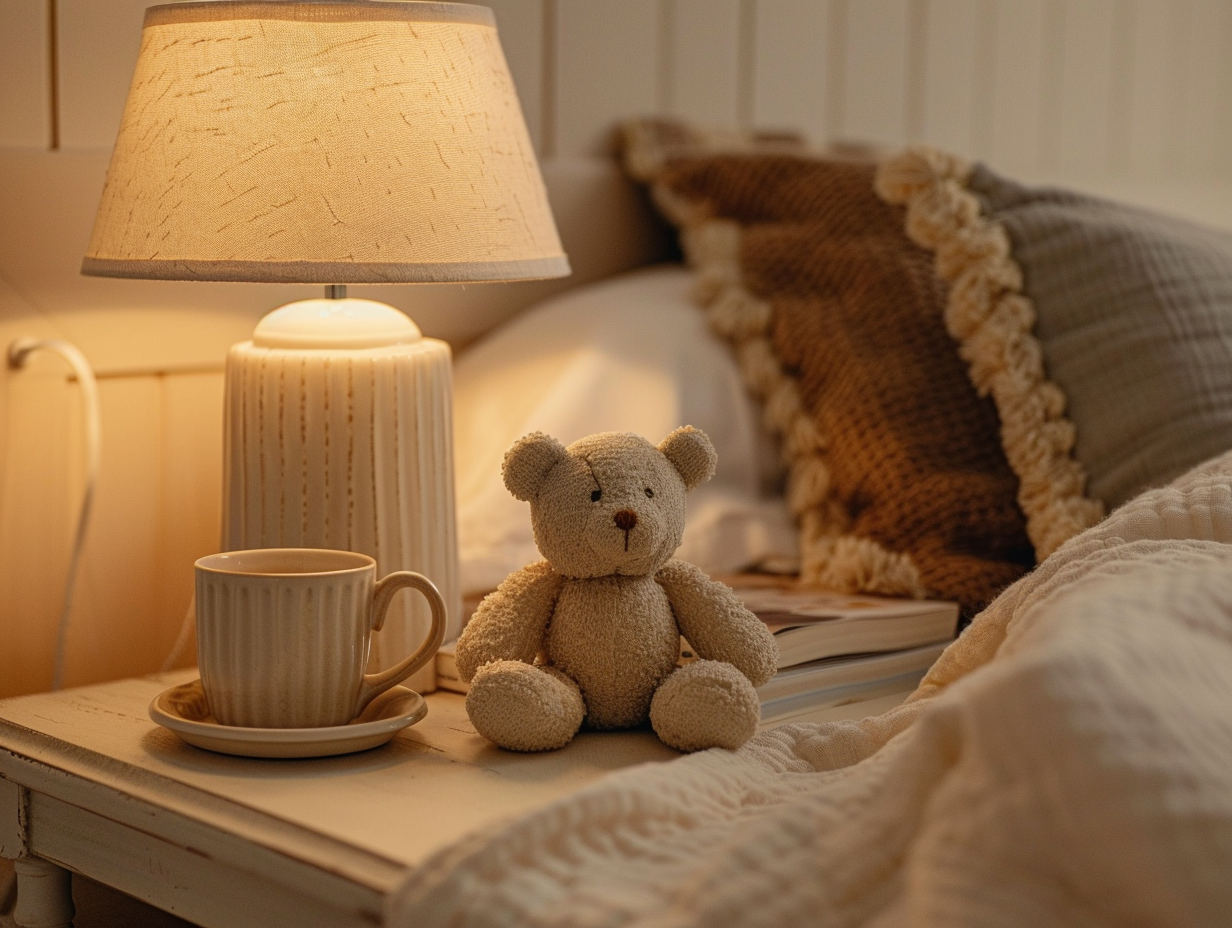 Bedtime table with books, water cup, lamp, and stuffed animal