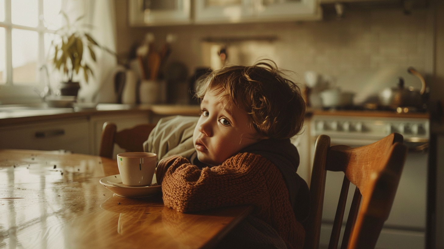 Toddler leaning into parent after a big feeling moment at the kitchen table