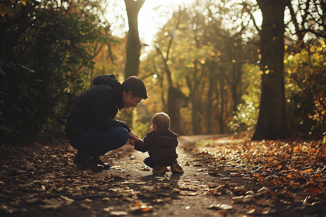 Parent kneeling near toddler after an emotional moment at the park