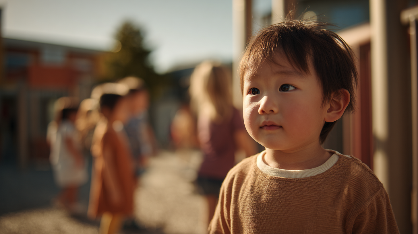 Toddler standing quietly at the edge of a playground, watching other children play before joining in.