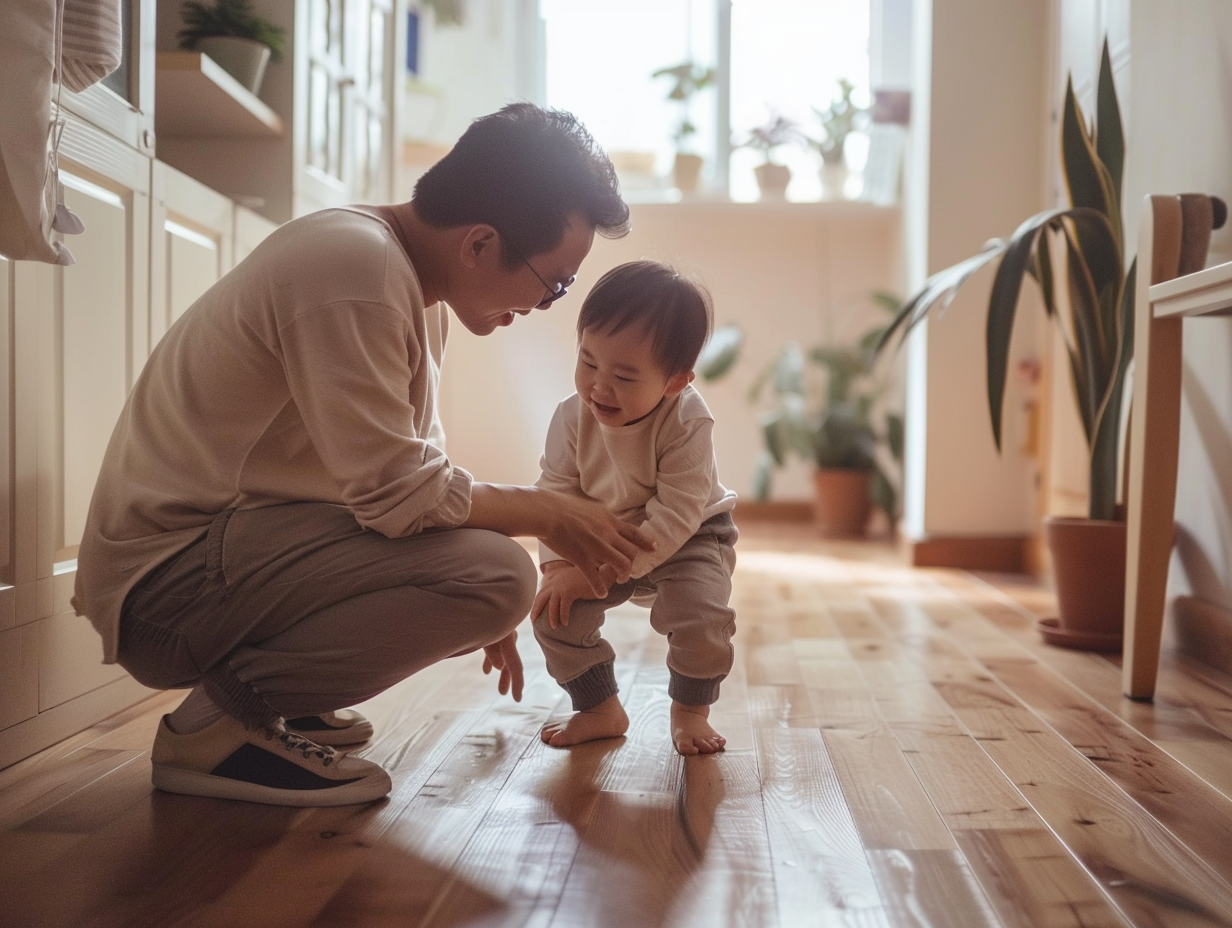 Parent crouching calmly near an upset toddler to offer support