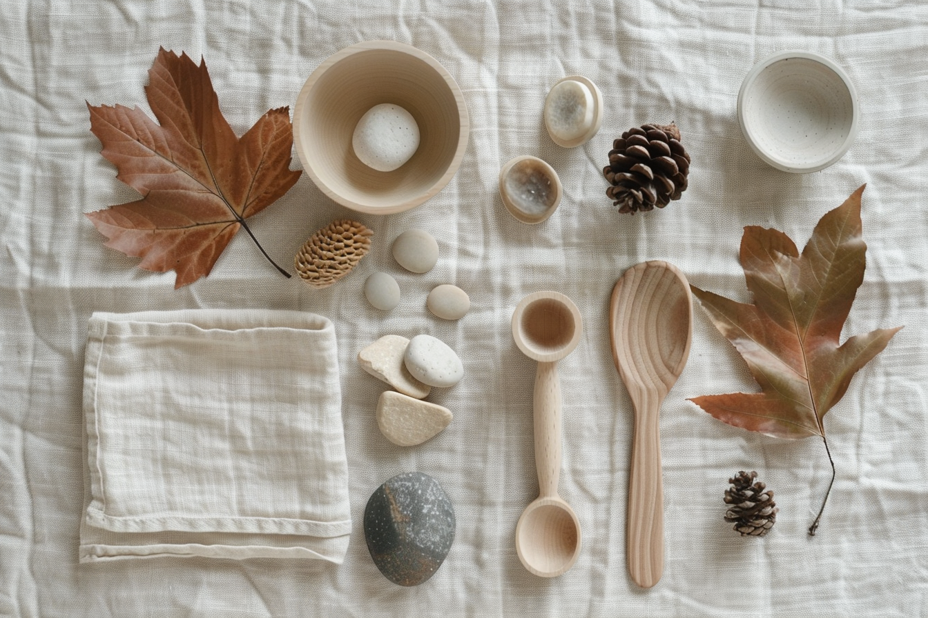 Natural toddler play materials arranged on linen