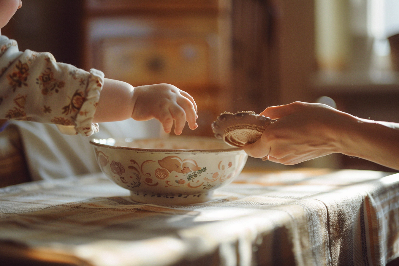 Toddler helping carry a bowl to the table