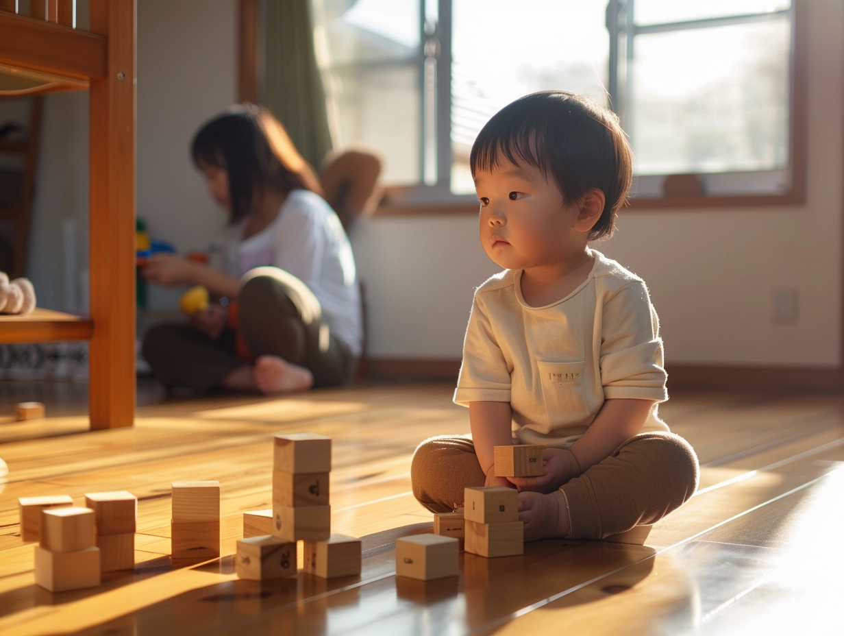 Toddler sitting beside a fallen wooden block tower after trying hard