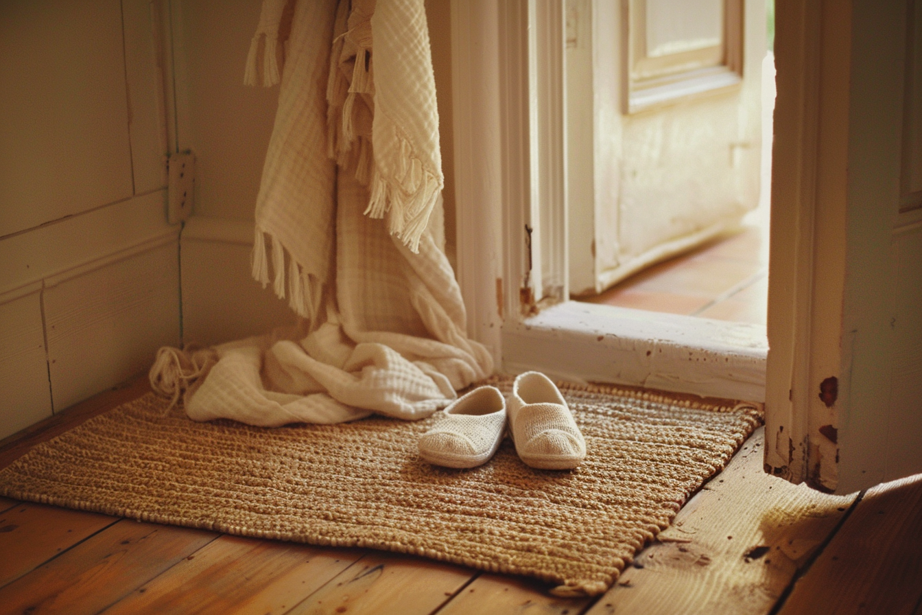 Small toddler shoes arranged neatly on a woven mat beside a doorway
