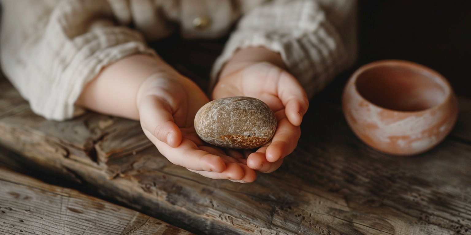 Toddler hands holding a smooth stone on a wooden table in soft morning light