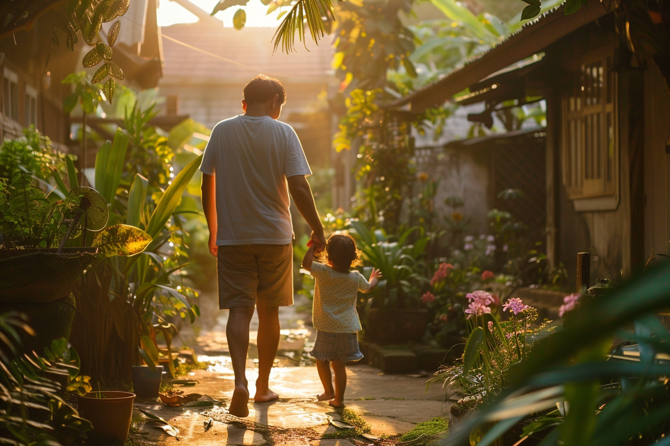 Asian toddler walking beside a parent in a quiet village lane, pointing at something small while the parent turns gently toward the child.