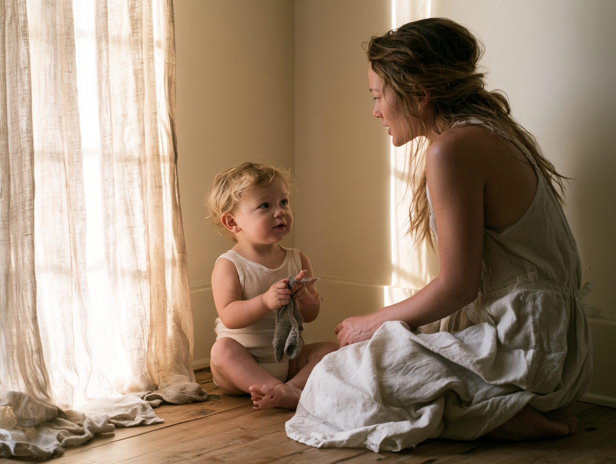 A toddler quietly watching an older sibling from a warm kitchen doorway