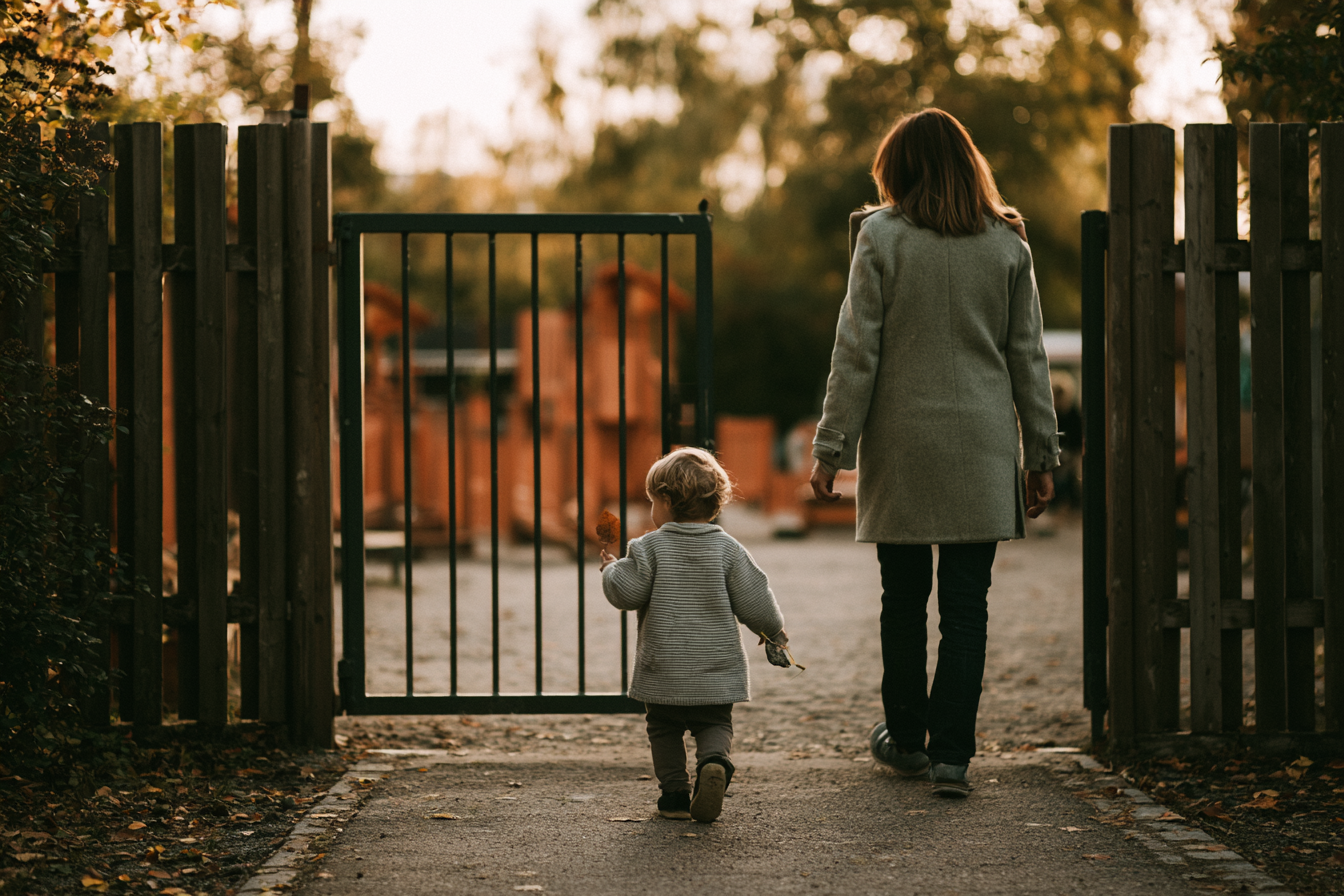Toddler walking beside a parent while leaving the playground