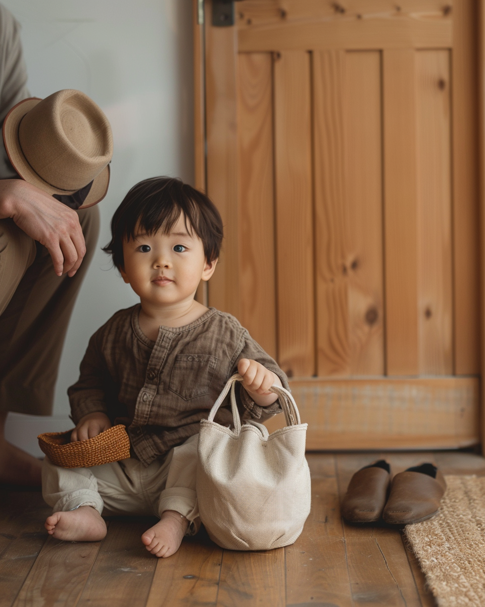 Toddler standing near a kitchen counter in warm morning light while a parent is nearby, showing everyday home language moments.