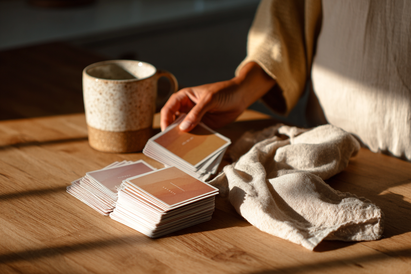 Toddler language prompt cards on a warm kitchen counter