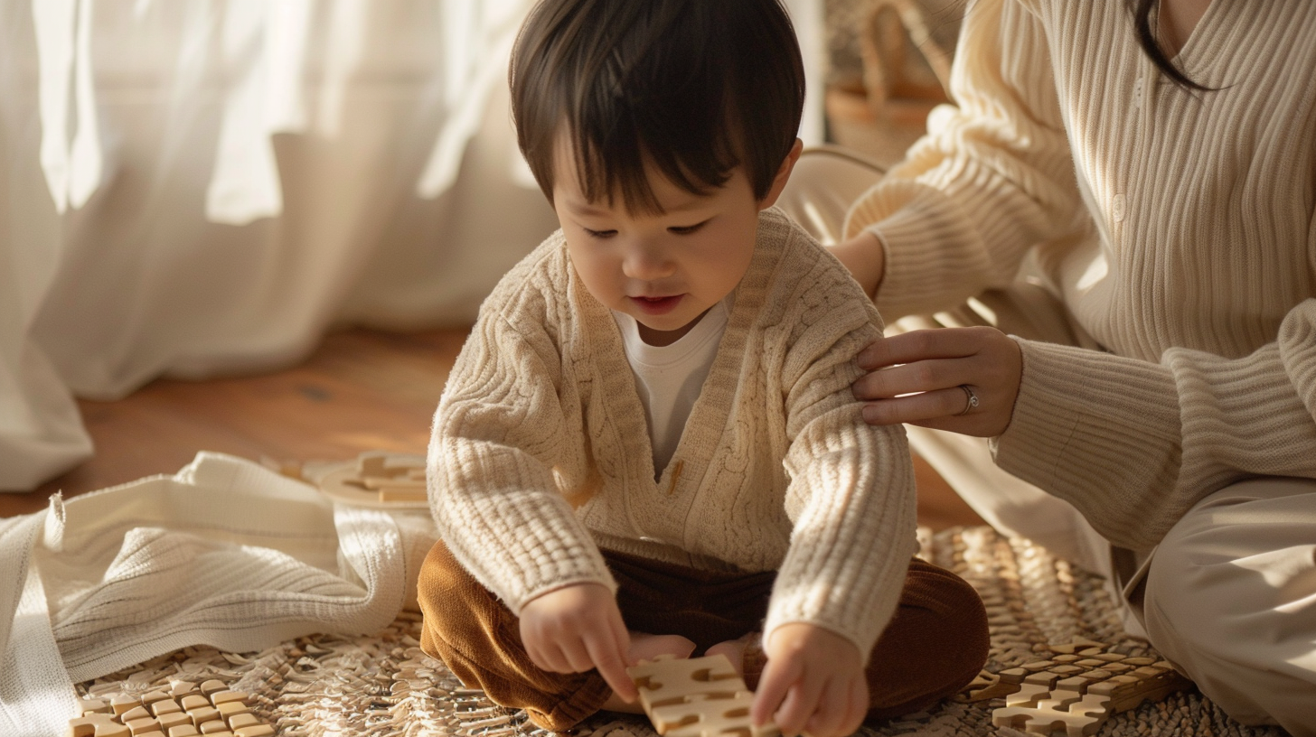 Toddler working on a wooden puzzle while a parent stays nearby without taking over
