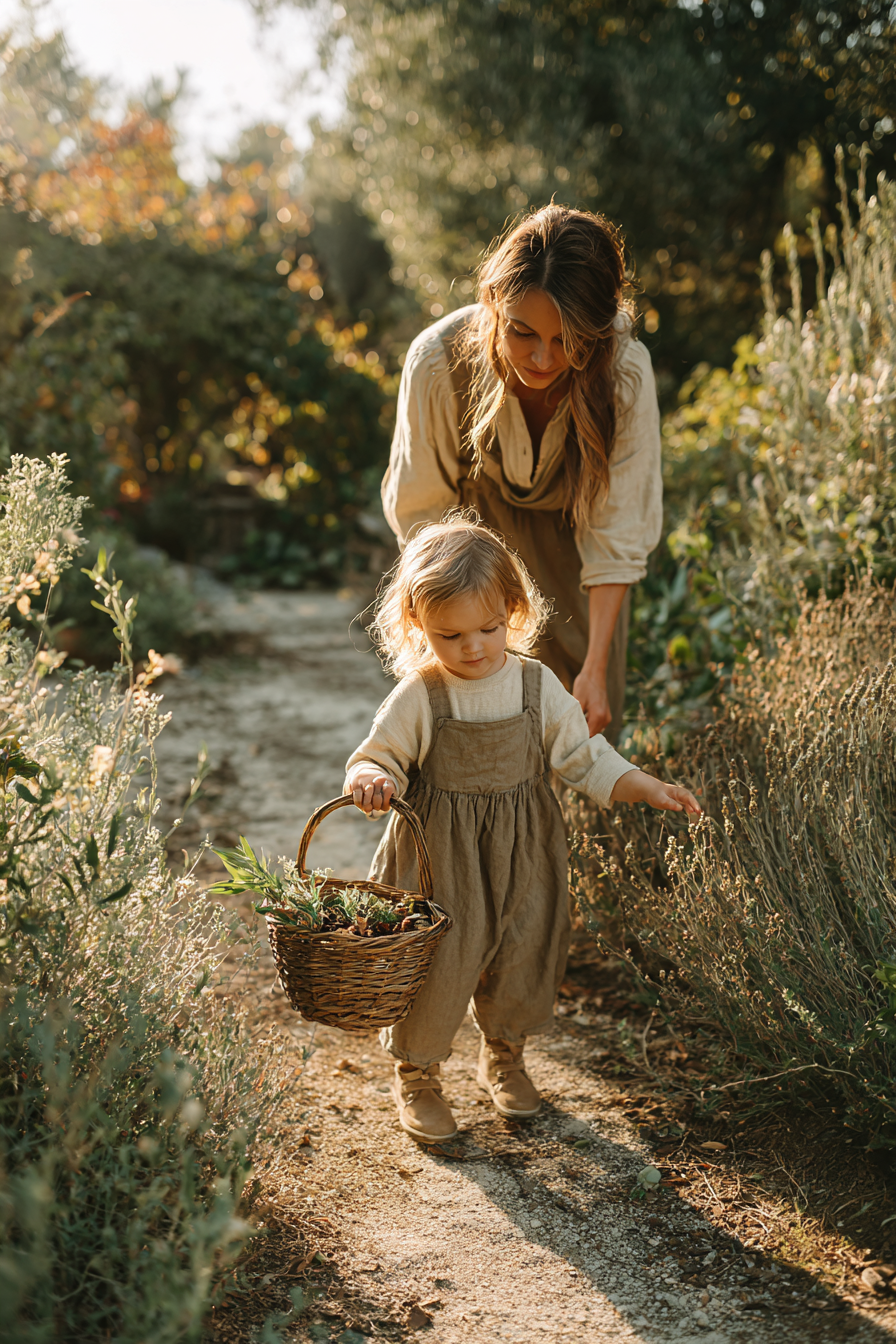 A young child playing alone in a garden with a stick, fully absorbed in quiet outdoor play