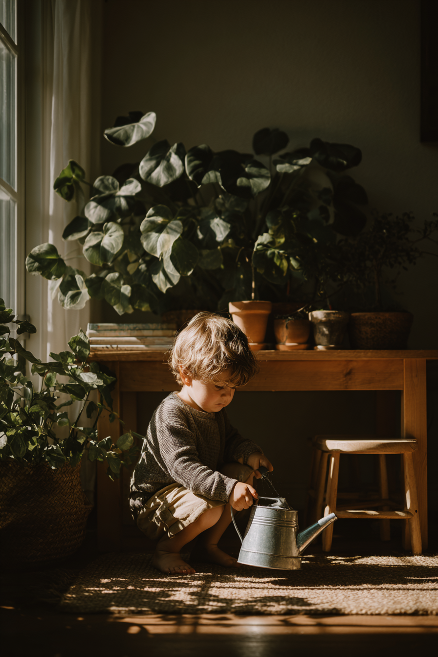 A child crouching with a small watering can among houseplants near a window