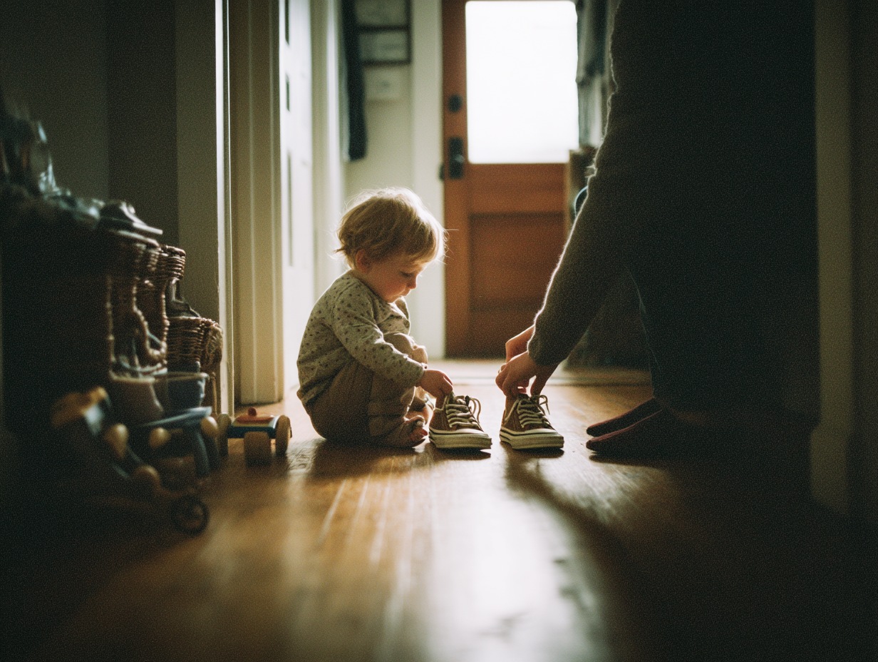 Small child's feet, shoes nearby.