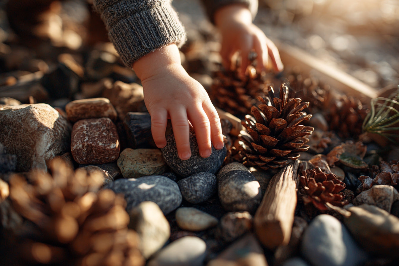 Toddler hands closely observing tree bark and natural textures outdoors