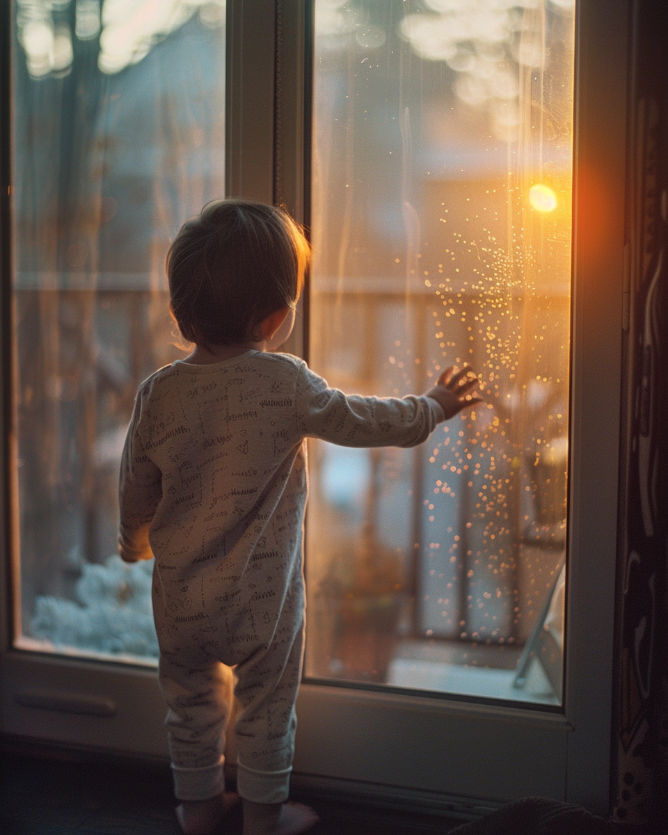 Toddler standing near a window in soft morning light, quietly watching outside