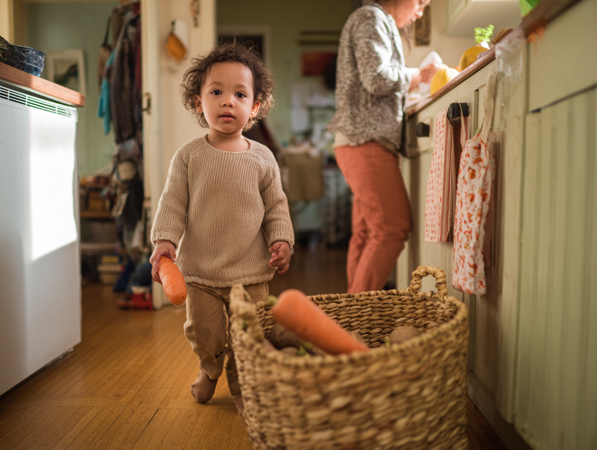 Toddler carrying vegetables from a grocery bag to a low basket while an adult unpacks groceries nearby.
