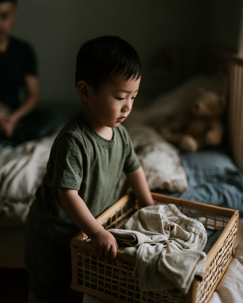 Toddler placing folded pajamas on the bed during an evening routine