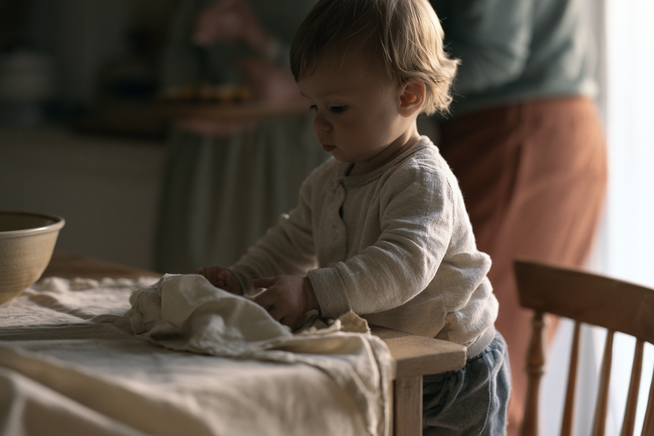 Toddler placing a folded napkin on a family dining table during an everyday practical life activity