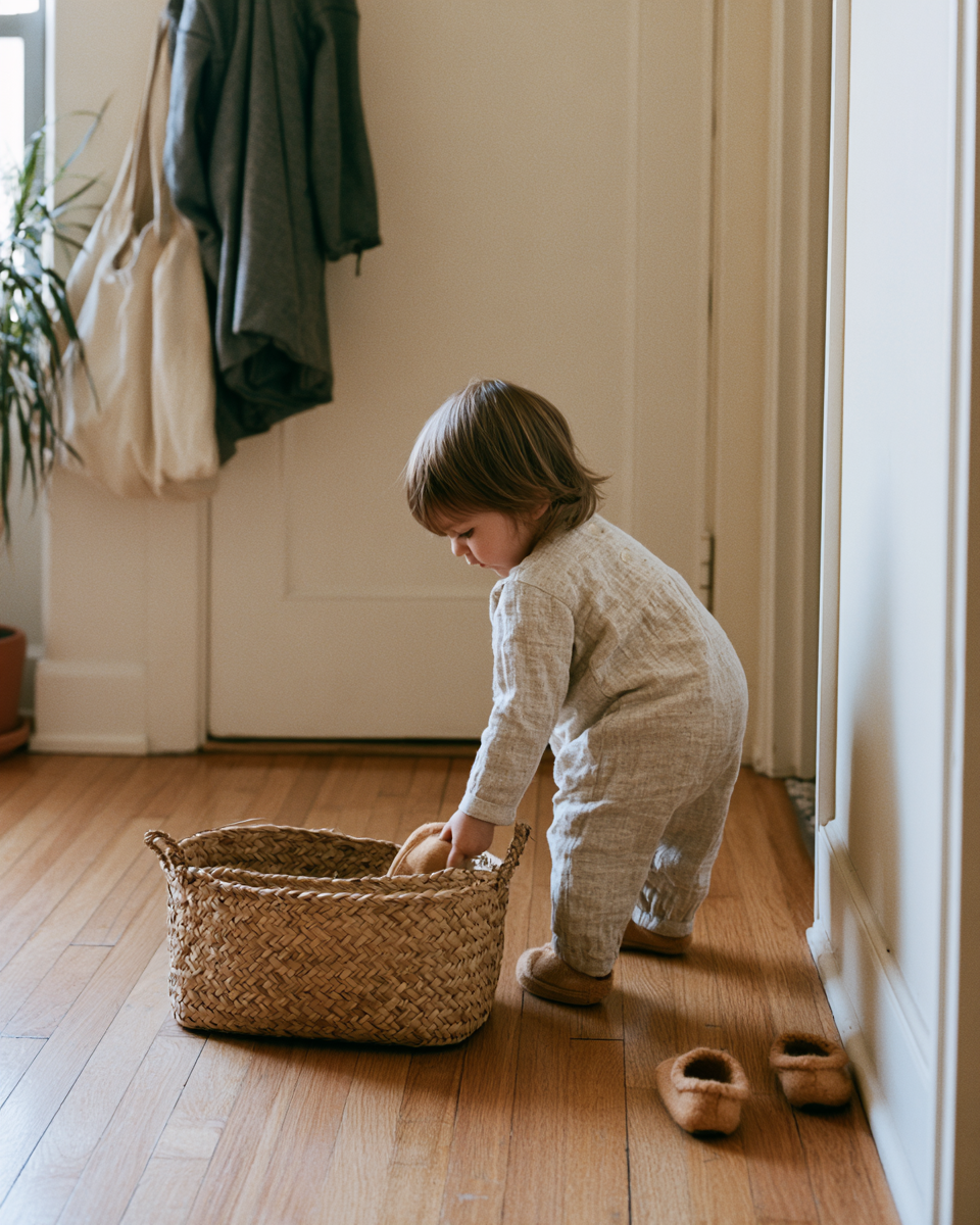Toddler placing shoes into a low basket by the front door