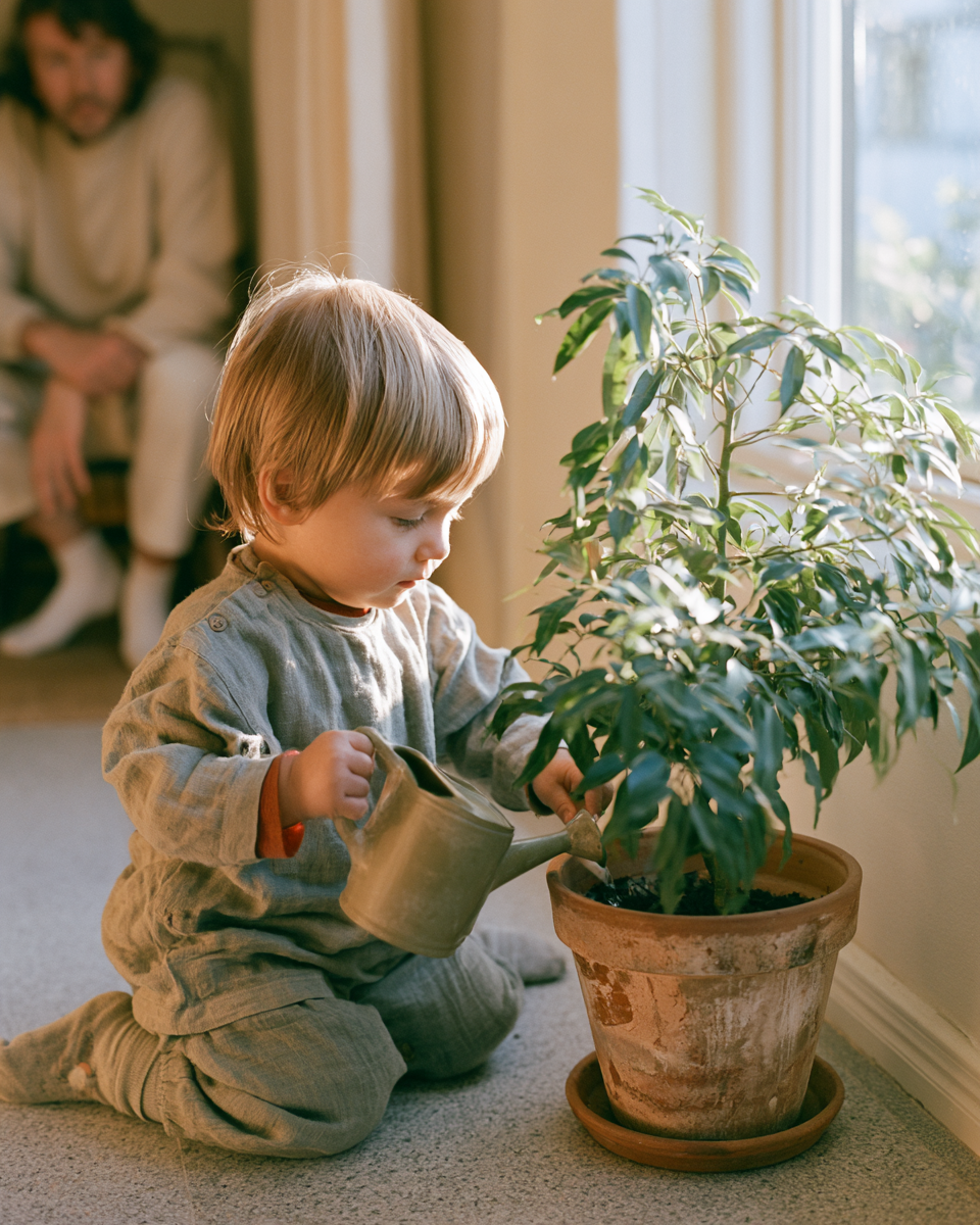 Toddler using a small watering can to water a hardy houseplant near a window