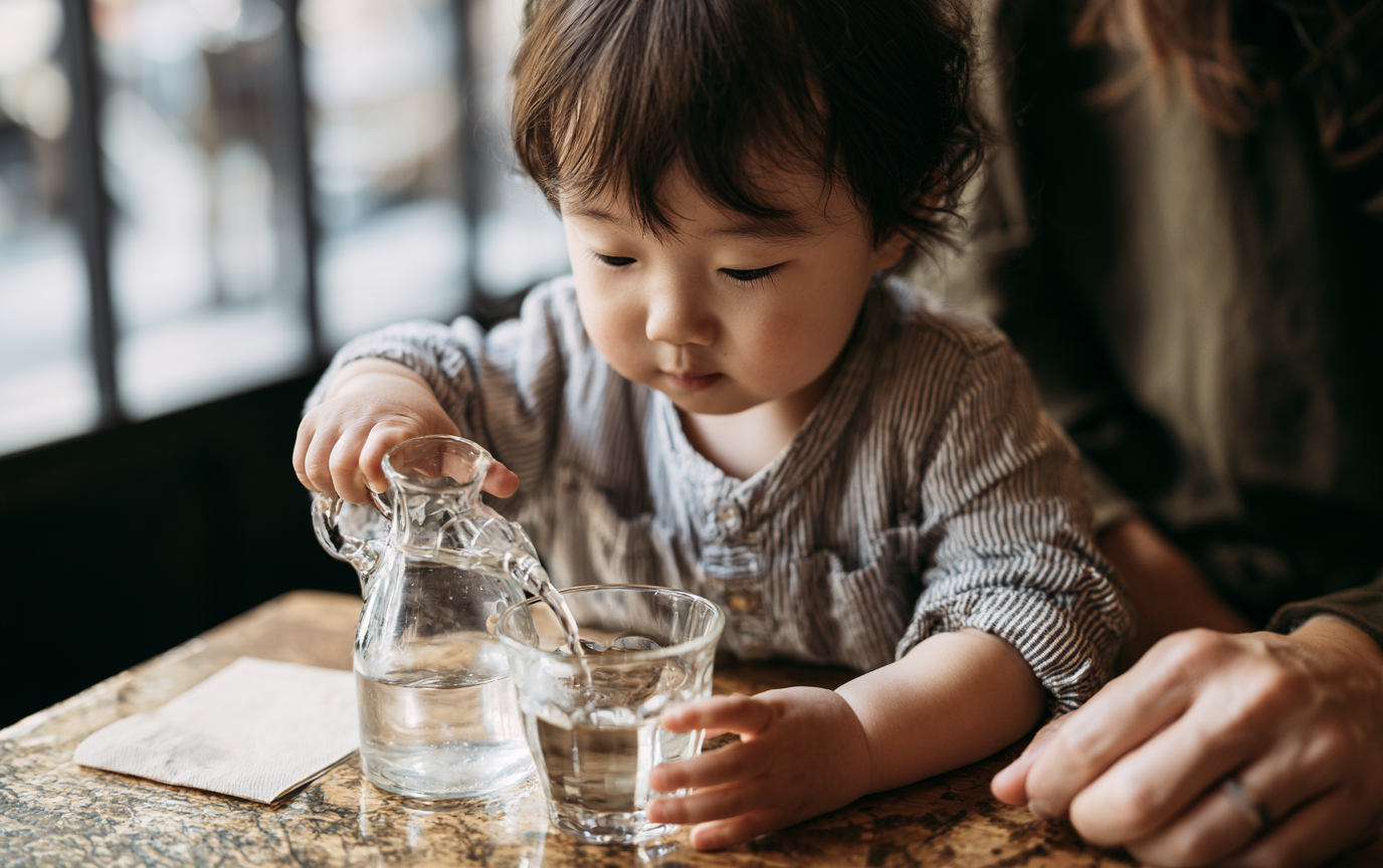 Toddler pouring water from a small carafe into a cup at a quiet family cafe table