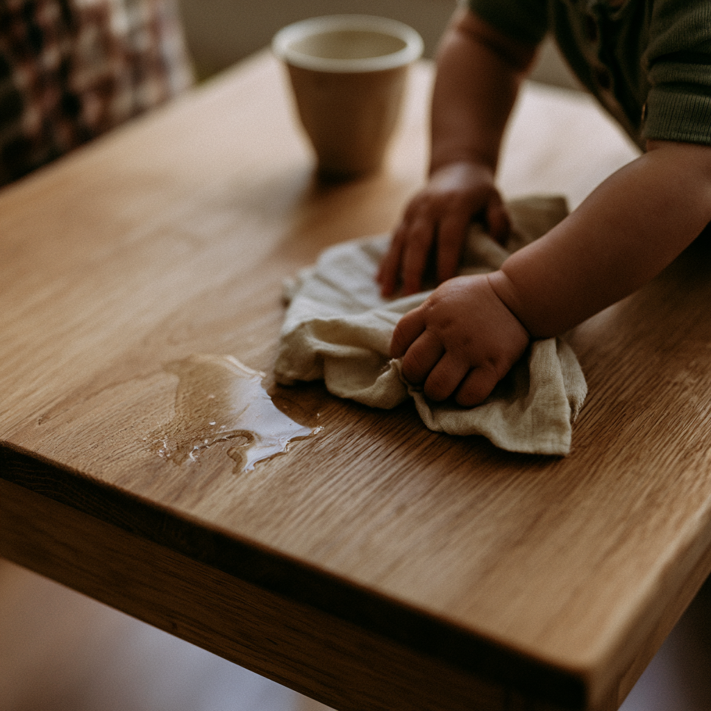 Toddler wiping a small water spill with a cloth at home