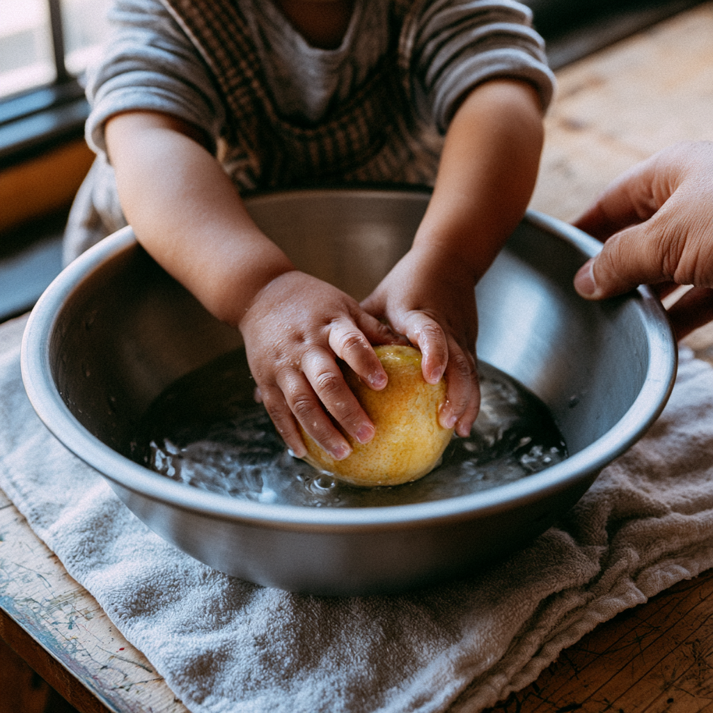 Toddler washing an apple in a shallow bowl of water during food preparation