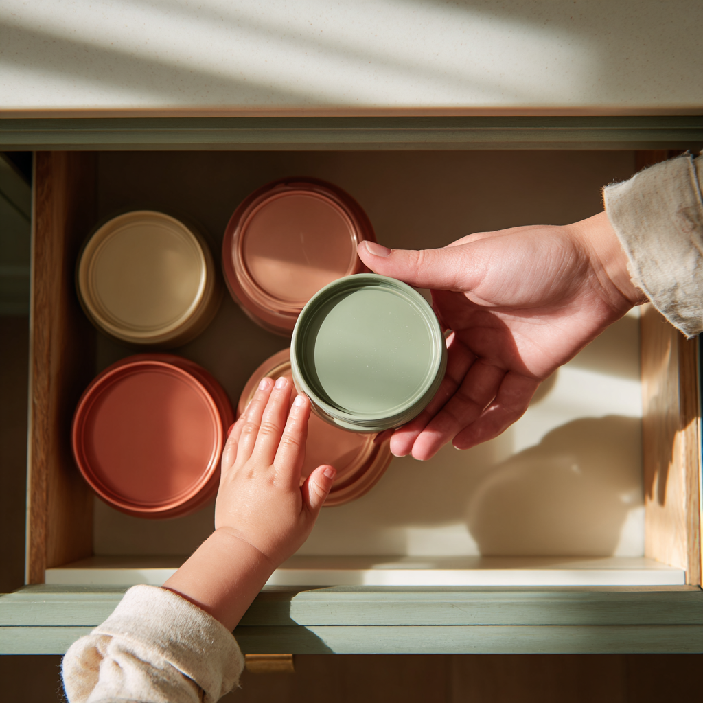 Adult and toddler hands matching lids to food storage containers together.